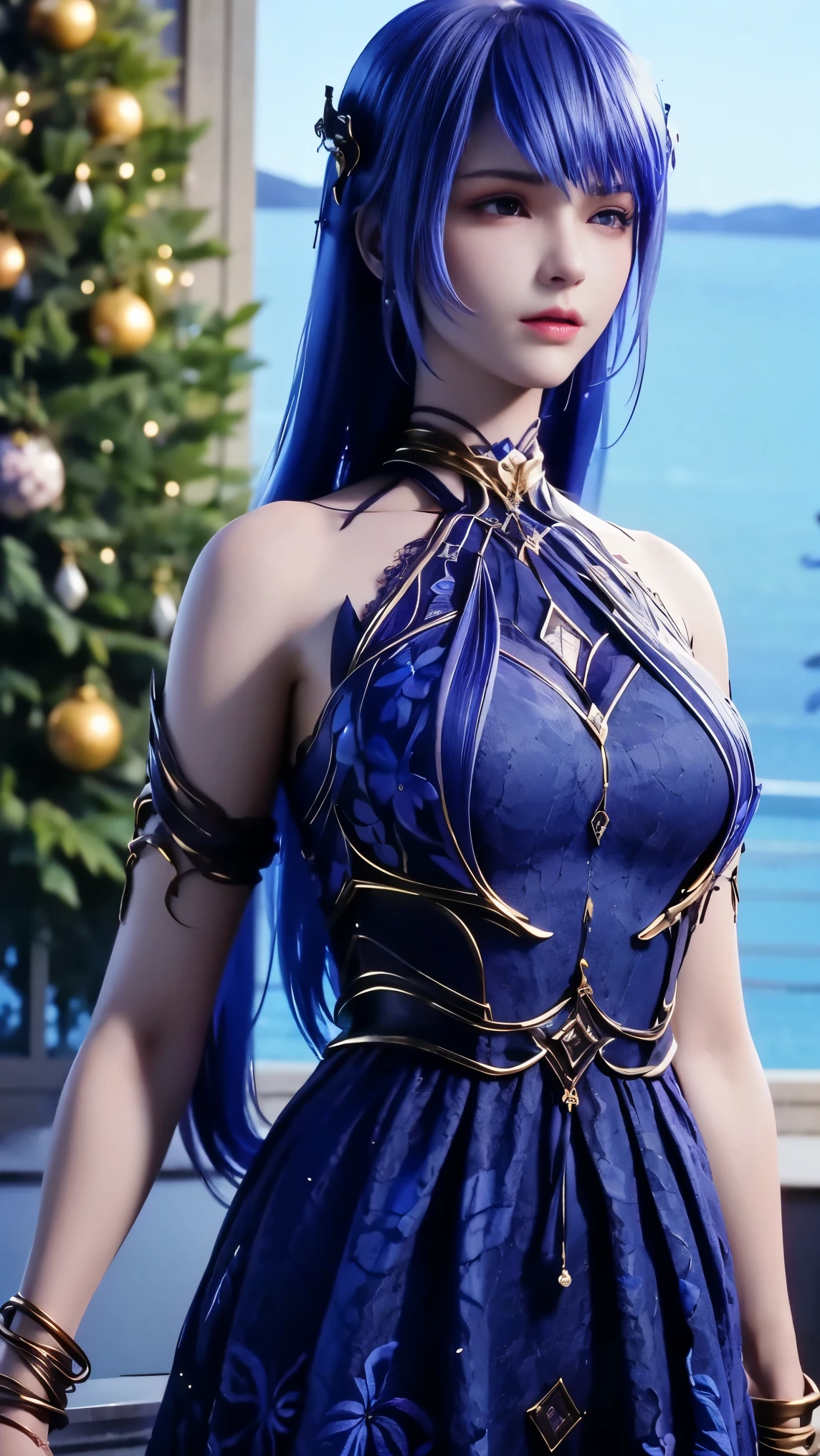 1 girl, good face, ultra long hair, detailed eyes, detailed lips, medium breasts, (indigo coutfit:1.5), (translucent lace:1.5), (ornament:1.5), (floral dress :1.5), bare waist, Take photos by the lake, ultra-realistic realism, color field printing, high details, hyper HD, cinematic lighting, 4k quality,