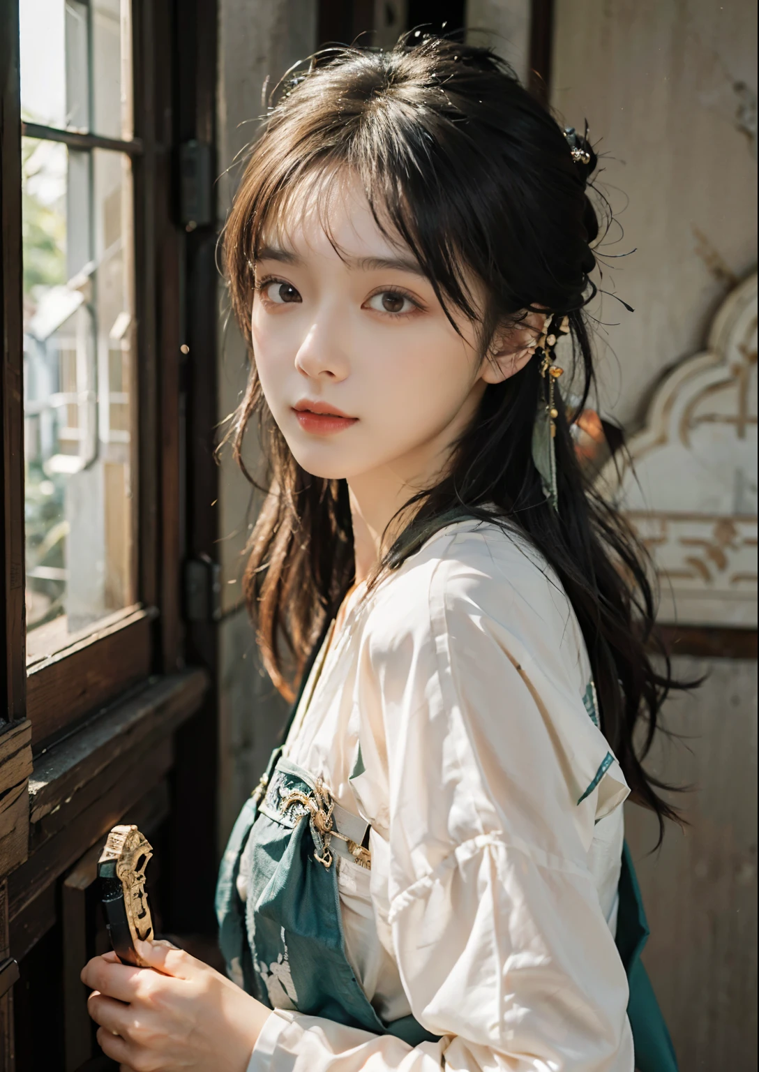 best quality,masterpiece,超high resolution,(photorealistic:1.4),8K RAW photos, high resolution,Chinese white Hanfu,Beautiful pattern, color embroidery, beautiful eye details, long eyelashes, RAW photos, facing the audience, upper part of body, Close-up shot, ((( landscape background))),(((1 girl))),solo,upper part of body, beautiful hairstyle, hair accessories, bead, jewelry, No action, front lighting, Smile, (looking at camera)