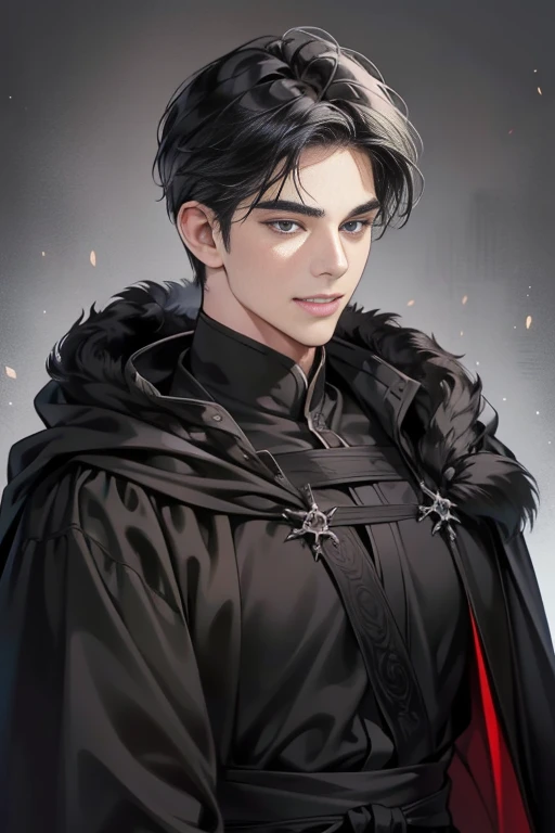 masterpiece, highest quality, realistic, 1 man, mature men, Quiet and charming young man, 25 years old, grin, closed mouth, portrait, highly detailed face, 寒さとgrin, ((dark gray eyes)), ((short right swept black hair)), [thick eyebrows], Dark palace, ((Long black cloak)), ((All Black)), (dark gray eyes)