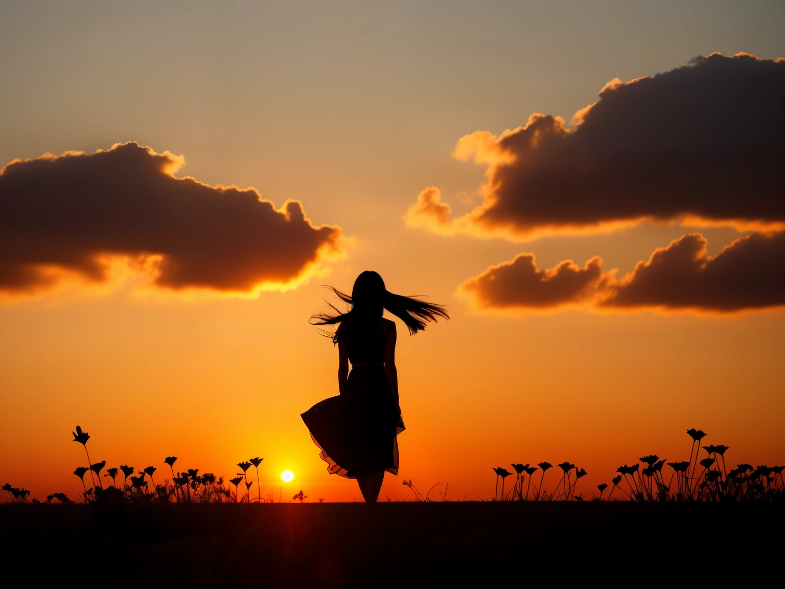 Silhouette of a woman walking away sad, Long black hair fluttering in the wind, There is rosemary in the shadow in the foreground, atmosphere of farewell, the warm hues of the sunset