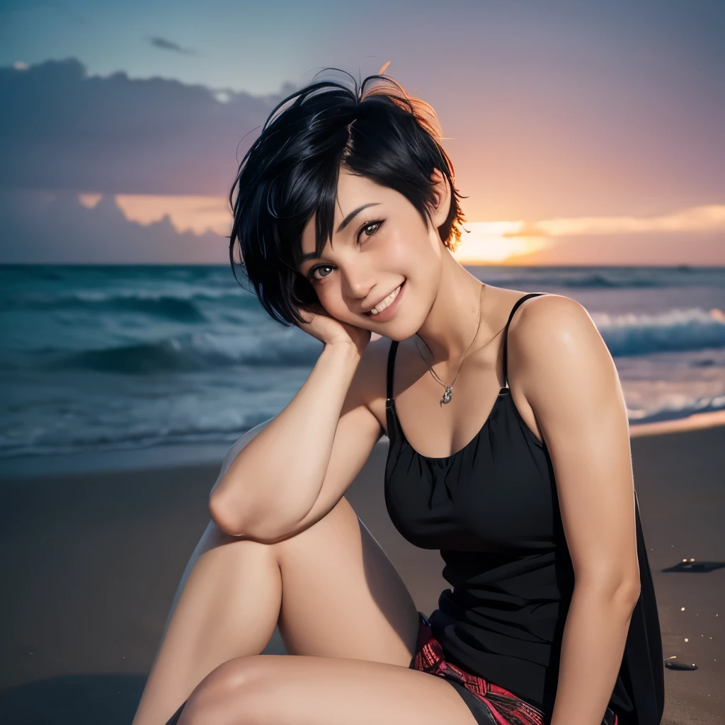 woman, side swept pixie, black hair, upper body, grin, short hair, tomboy, sitting, beach at night, emo