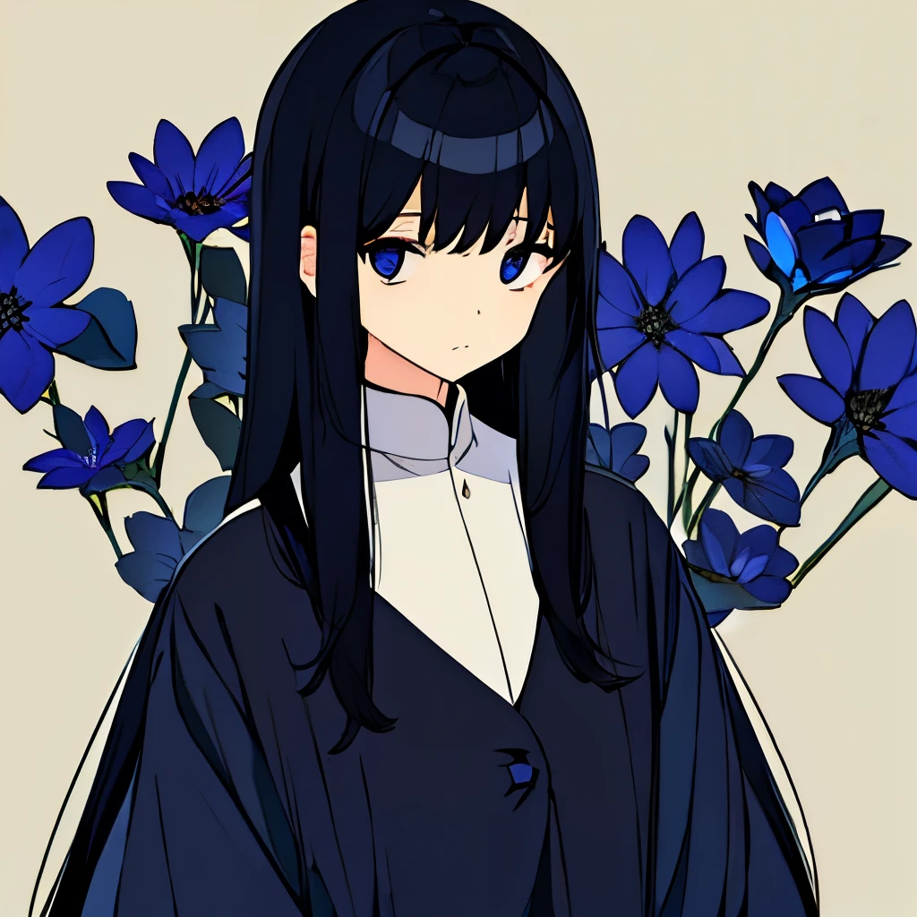 uniform、long black hair、surrounded by blue flowers、beige background、moderno