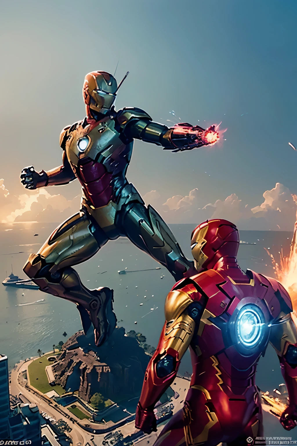 (A high angle shot of the Statue of Liberty attacking Iron Man in a hyperrealistic and cinematic scene, with intricate details and lifelike textures, illuminated by dramatic megapixel cinematic lighting. The crowd gazes in awe, captivated by the spectacle. Realistic and photorealistic effects add depth and dimension to the image, with sharp anti-aliasing lines and convincing SFX and VFX elements. The photograph was expertly captured by a Canon EOS R6, equipped with a prime lens, showcasing the natural charisma and energy of the scene with a candid and dynamic style.)