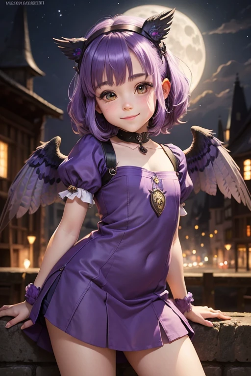 cute girl　little man　front　smile　purple hair　Owl wings　Medieval square　moonlight