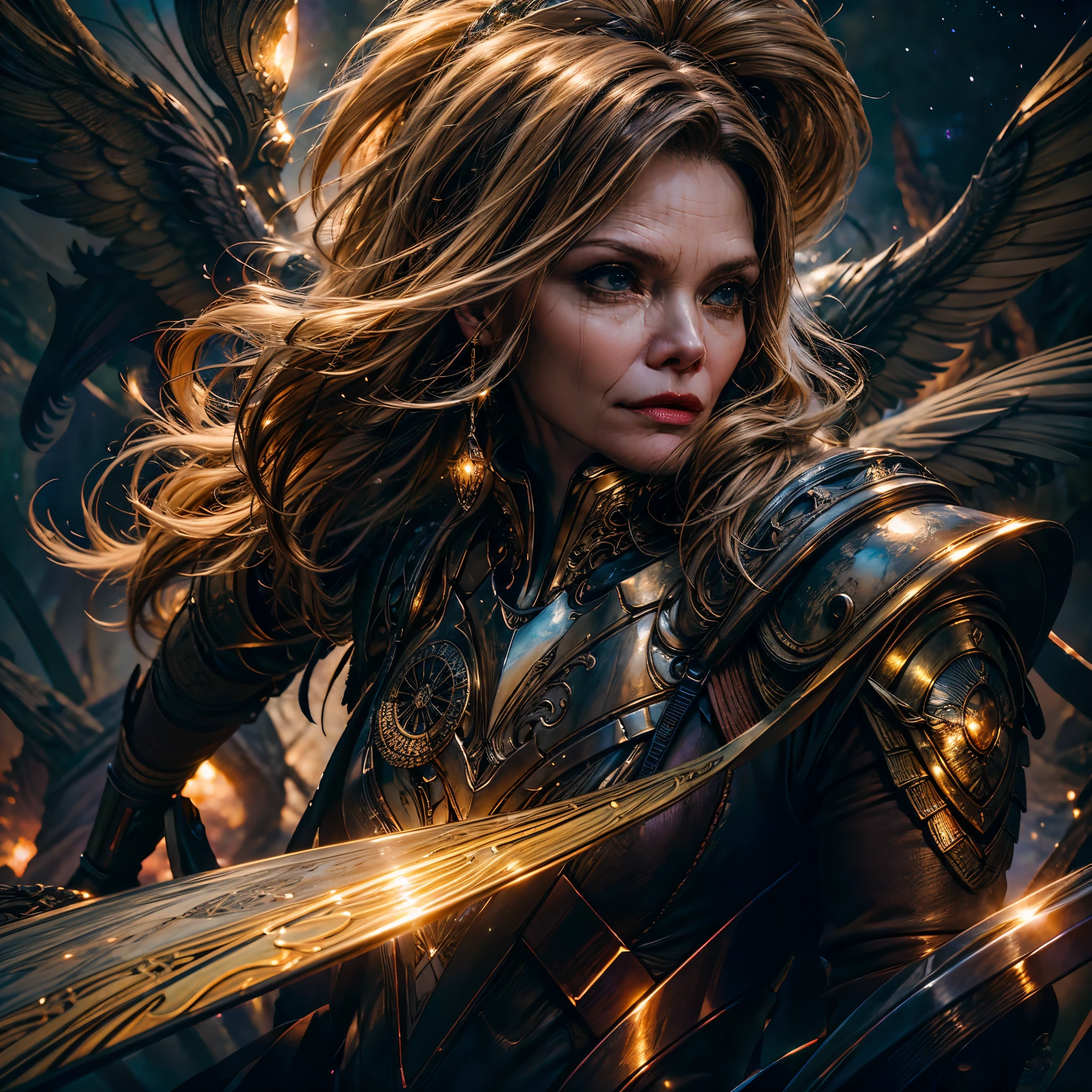 Epic Beautiful painting of Michelle-Pfeiffer as perfect gorgeous female warrior, shapeless long fullbody, perfect features, (wearing extremely baroque armor Chainmail_Armor), abstract beauty, near perfection, pure form, dynamic pose, ethereal background, (deep dark shadows), (strong cinematic lighting), (back lighting), "Michelle-Pfeiffer" concept art by Greg Rutkowski and John William Waterhouse and Alphonse Mucha, epic stunning details, intricate details, hyper post-production, ultra High resolution, ultra high details, trending on ArtStation, ultra sharp focus, depth of field f/1.8, studio photos, (((looking at camera))) magv1ll high details, best quality, absurdres [ultra detailed], masterpiece, ultra high best quality, (extremely detailed), dynamic angle, ultra wide shot, photorealistic, ((fantasy art)) ((larry elmore style)), dnd art, rpg art, realistic art, female human druid of the stars, guardian of nature, controlling magical energy made of stars, swirling blue stary magical light, divine symbols (1.5 intricate details, Masterpiece, best quality, absurdres), human female, extremally beautiful, ultra feminine, dynamic hair, dynamic hair color, wearing leather armor, holding a staff, moon light, stars, dynamic natural background, RPG art, magical atmosphere magic-fantasy-forest, ultra best realistic, best details, best quality, absurdres, [ultra detailed], masterpiece, ultra best quality, (extremely detailed), ultra wide shot, photorealism, depth of field, hyper realistic painting, 3D rendering, varies multi etc. --v 6 --s 1000 --c 20 --q 20 --chaos 100