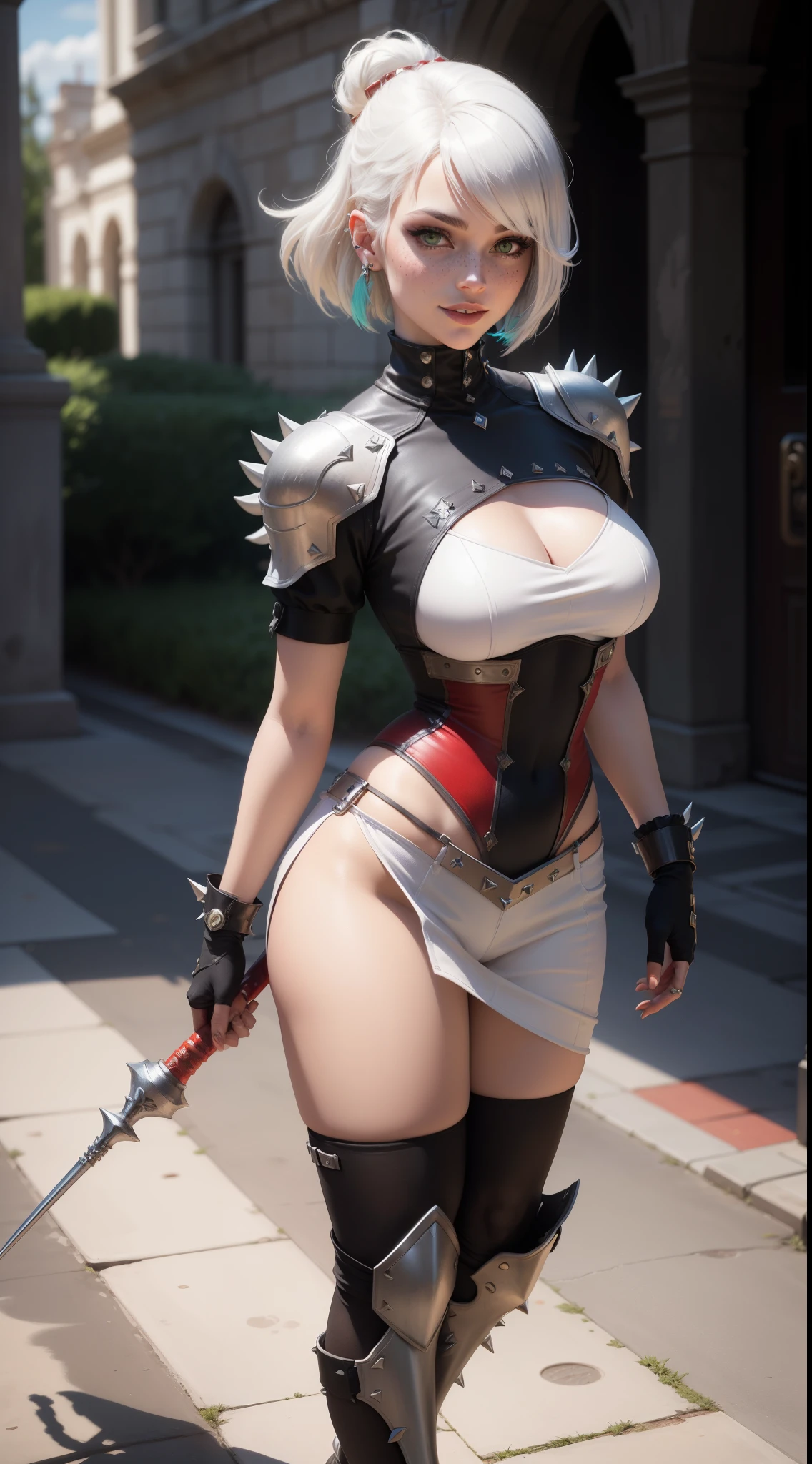 gwen tennyson,yorha 2b,tracer,y'shtola rhul,overwatch,warcraft,close up,roman coliseum,battle arena,tattoos,white and red plugsuit,white short sleeve gladiator top,white and red spiked gladiator hoodie,full body spiked armor,spiked gladiator leggings,gladiator corset,long dress train,short hair,punk makeup,green eyes,multicolored silver hair,spiked gloves,sexy smile,freckles,beautiful girl,spiked high boots,large breasts,8k,ultra detailed,realistic,fantasy art,gladiator uniform, hair pin,ear piercings,(weather:windy),1girl, gladiator spiked mace,