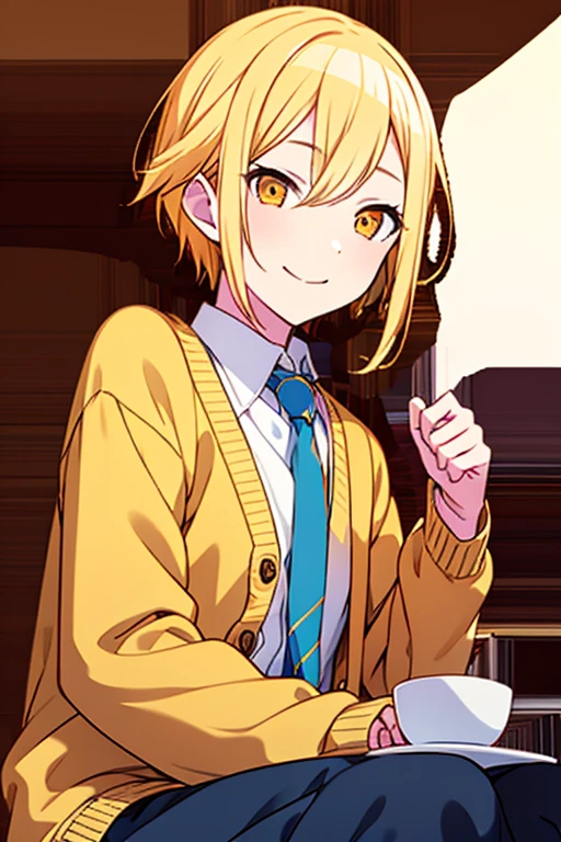 10ma_t, tsukasa3rd, 1boy blonde hair, solo orange eyes, light blonde hair, gently smiling, mature, yellow cardigan, blue tie, white shirt, inside a cafe, warm light