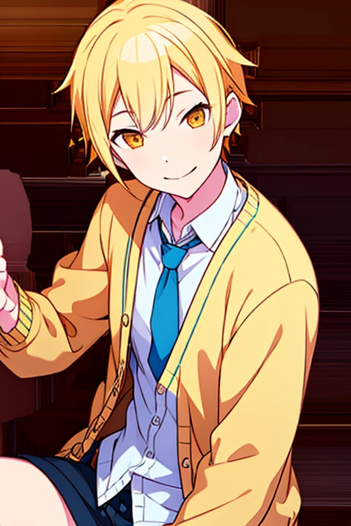 10ma_t, tsukasa3rd, 1boy blonde hair, solo orange eyes, light blonde hair, gently smiling, mature, yellow cardigan, blue tie, white shirt, inside a cafe, warm light