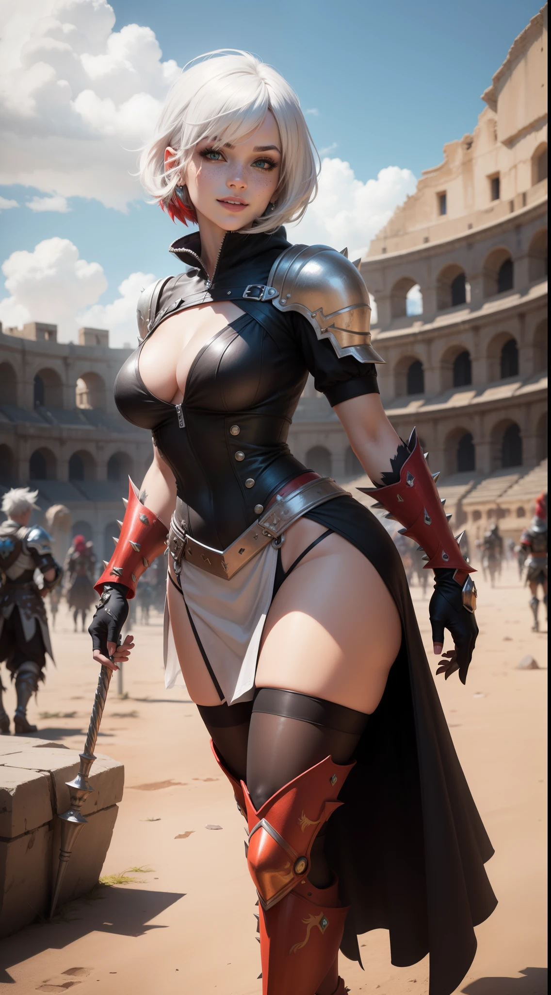 gwen tennyson,yorha 2b,tracer,y'shtola rhul,overwatch,warcraft,close up,roman coliseum,battle arena,tattoos,white and red plugsuit,white short sleeve gladiator top,white and red spiked gladiator hoodie,full body spiked armor,spiked gladiator leggings,gladiator corset,long dress train,short hair,punk makeup,green eyes,multicolored silver hair,spiked gloves,sexy smile,freckles,beautiful girl,spiked high boots,large breasts,8k,ultra detailed,realistic,fantasy art,gladiator uniform, hair pin,ear piercings,(weather:windy),1girl, gladiator spiked mace,