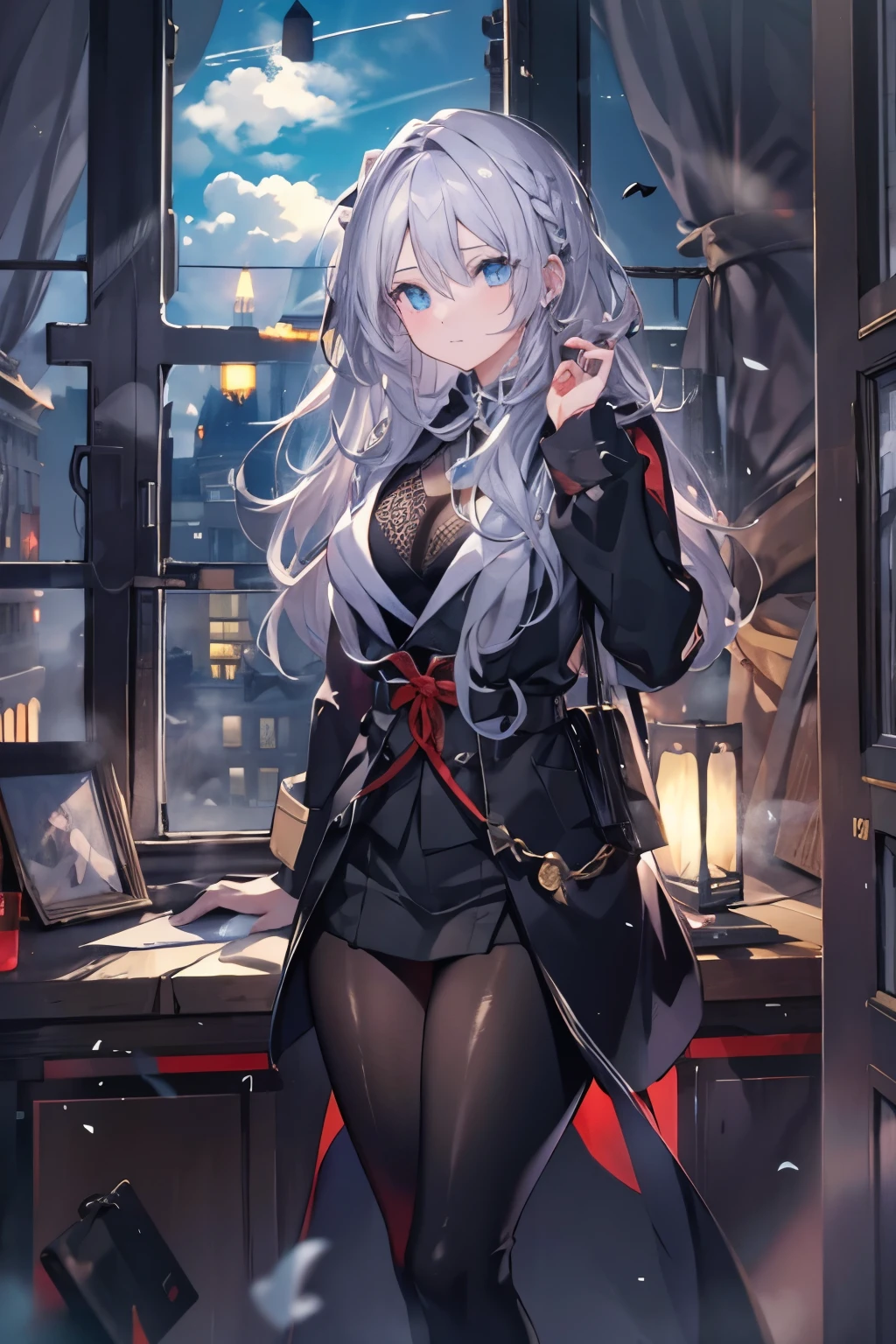 (real:0.2)、anime illustration、1 girl、、black coat、、Paris、France、sfv、black pants、black office shirt、、carmen sandigo、、blue sky、、long hair、、dramatic lightning、Lamp light、epic lighting, light falling on face, The light from the rear window is backlit., Face Light, The face is illuminated, fill light, fill light, ((master piece)), (Carmen_Sandigo_v1-1_Shulik-2000:0.6) information, silver hair, golden eyes