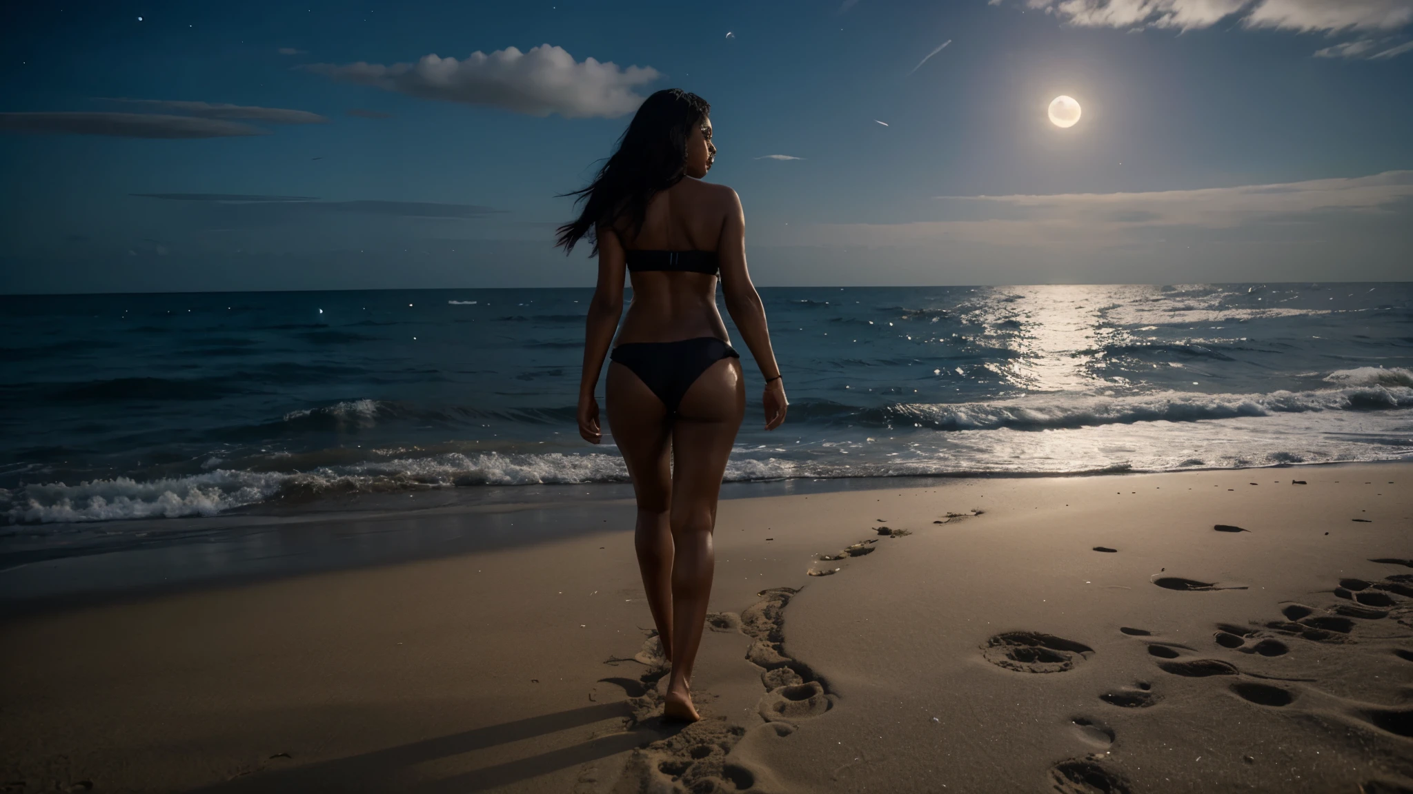 Sexy black woman walking on the beach at night in the moonlight