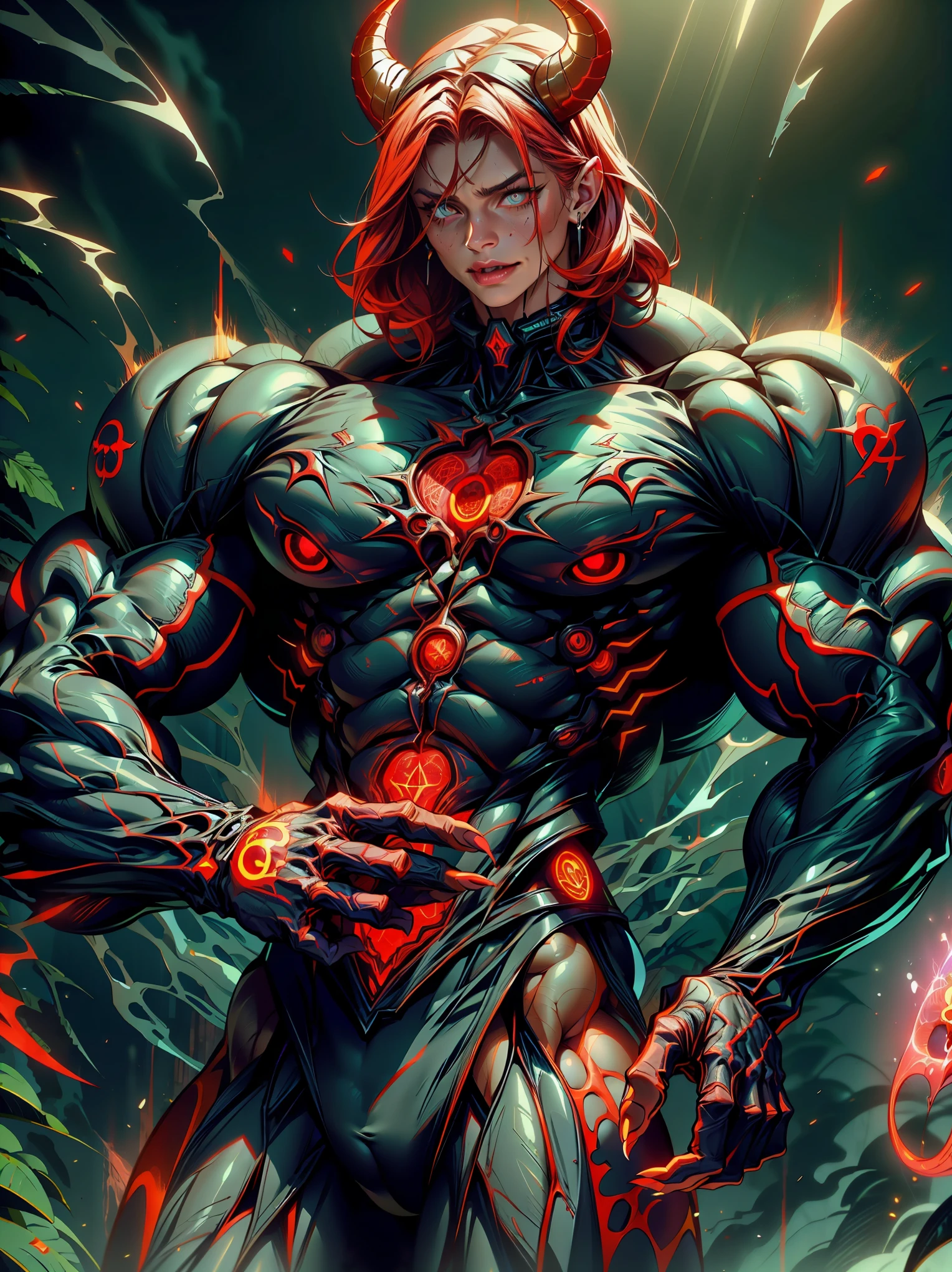 (1 girl), Megan Fox : Evil nude Succubus, Muscular skinless physique, Demon horns, demonic tech muscular bodysuit, an evil red glow emanating from her, diabolic, insidious, Context of the Satanic Church, (8k, RAW photo, photorealistic:1.25), exposed breasts, exposed pussy,