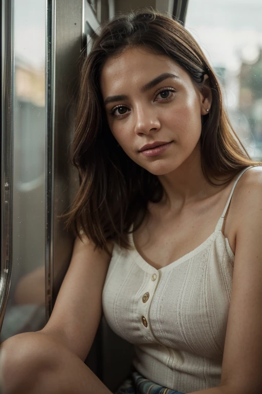 (Mejor calidad, ultra detallado, golden ratio, obra maestra:1.2), theatrical lighting:0.7, foto de una mujer, vestida con un vestido muy elegante y bonito, Cara rara perfecta, (piel muy detallada), random colored hair, Esconde tu boca con las manos、Ridiculizar, textura de la piel, pale skin, piel brillante, (delgado, talla grande:1.2), [:(Sharp focus on strange face, ojos perfectos:1.2):0.2], fotorrealista, film grain, Pon un pie adelante、desde abajo mirando hacia arriba、look camera、Destacar los hombros, centrarse en la cara、medias、anteojos、Smiles with the corners of his mouth raised.、disdainful expression, Bruma de verano, Colores apagados, warm, muted colors, Photo cinematographic portrait of a woman dressed in a striped dress sitting by the window in the early morning, cinematographic, (Inclinado:1.3) (en un viejo tren) mira cauteloso, parado bajo un foco, volumetric dust clouds, llave de luz, iluminar desde el fondo, soft natural lighting, photography Film grain ISO 400 30mm RAW f1 lens.8 apertura, muy detallado (analogue photography:1), Colores HDR