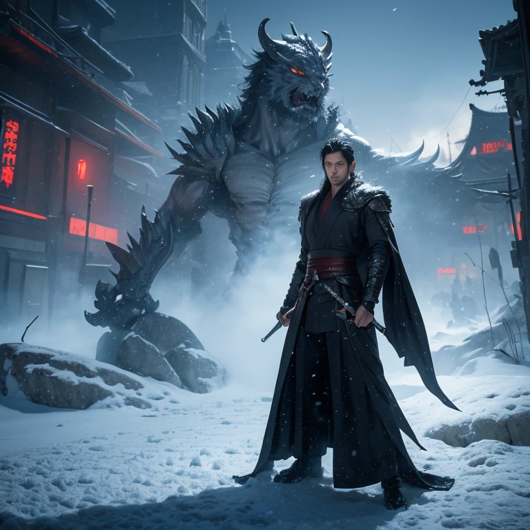 Science fiction and martial arts novels，The male protagonist is 27 years old，Excalibur in hand，Handsome，sharp eyes，Tall and mighty，Wearing a metal suit，Background cyberpunk city，CG(close look), 1 person, single focus, aldult, pale face and young adult, short black hair, Black trench coat,  actual, looking at camera, Kyoshimoyama, Summon Frost and Snow, Handsome, attractive, Slightly muscular, Cinema lighting, Unreal Engine, Popular topics on Artstation, intricate details,  main part, best quality, (((best quality))),(((Super detailed))),(((main part)))
