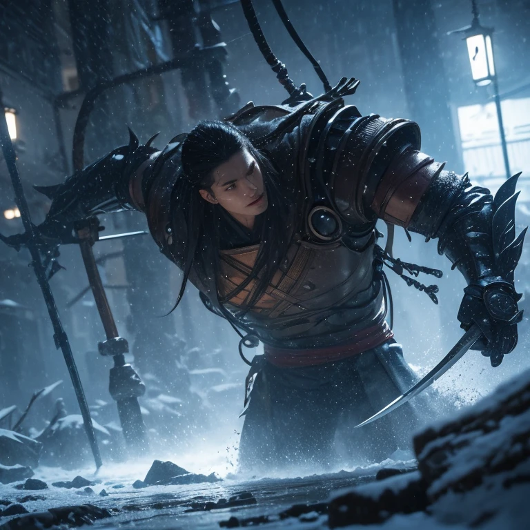 Science fiction and martial arts novels,The male protagonist is 27 years old,Excalibur in hand,Handsome,sharp eyes,Tall and mighty,Wearing a metal suit,Background cyberpunk city,CG(close look), 1 person, single focus, aldult, pale face and young adult, short black hair, Black trench coat, actual, looking at camera, Kyoshimoyama, Summon Frost and Snow, Handsome, attractive, Slightly muscular, Cinema lighting, Unreal Engine, Popular topics on Artstation, intricate details, main part, best quality, (((best quality))),(((Super detailed))),(((main part)))