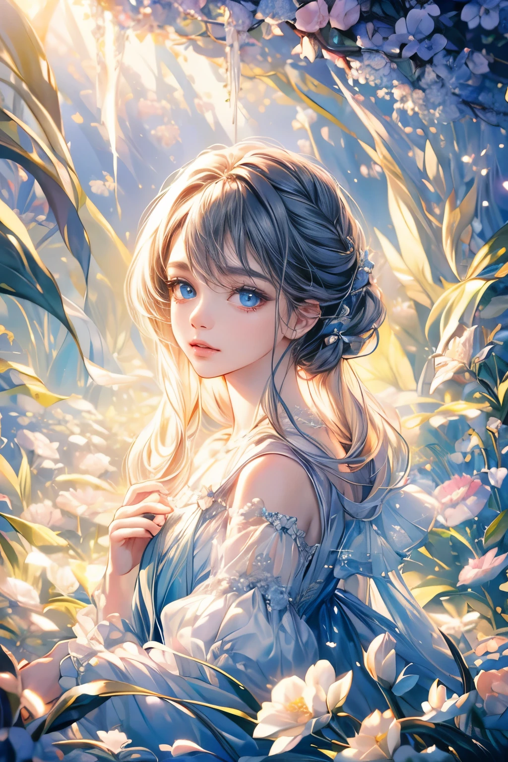 (best quality:1.4),(masterpiece:1.4),ultra-high resolution,8k,CG,(exquisite:1.2),upper body,1 girl,solitary,Thumbelina,little princess,blue taffeta court dress,forest background,detailed facial features,almond-shaped eyes,elaborate eye makeup,long lashes,bright and clear big eyes with a starry gaze,detailed lip details,soft style,subtle colors,soft lighting