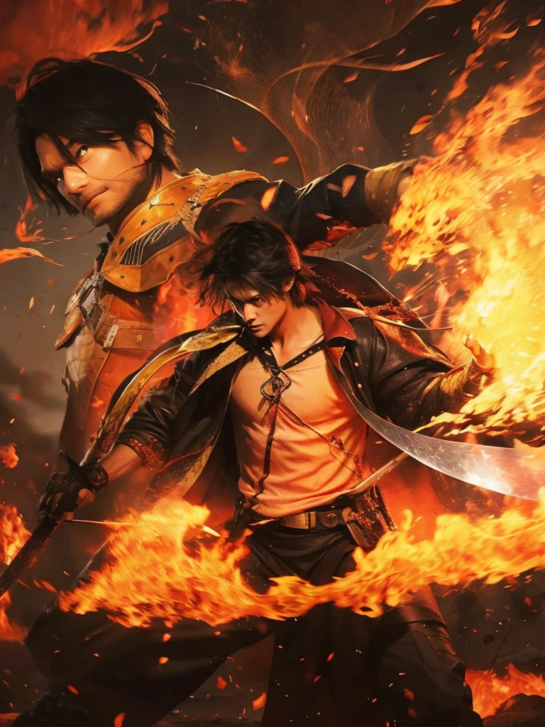 cute wallpapers with a man holding a sword and fire realistic