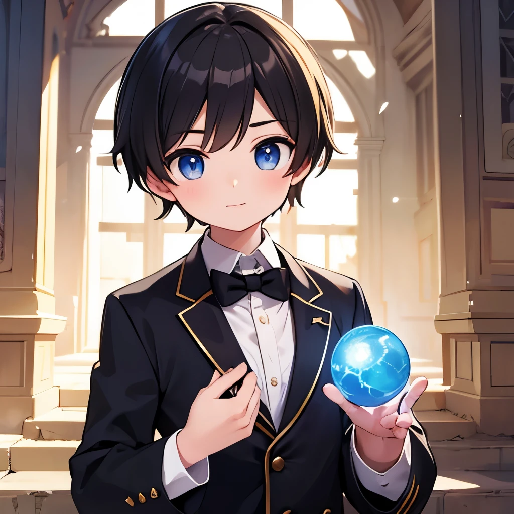 Young magician shining with a ball of light floating in his hand, in the ruins