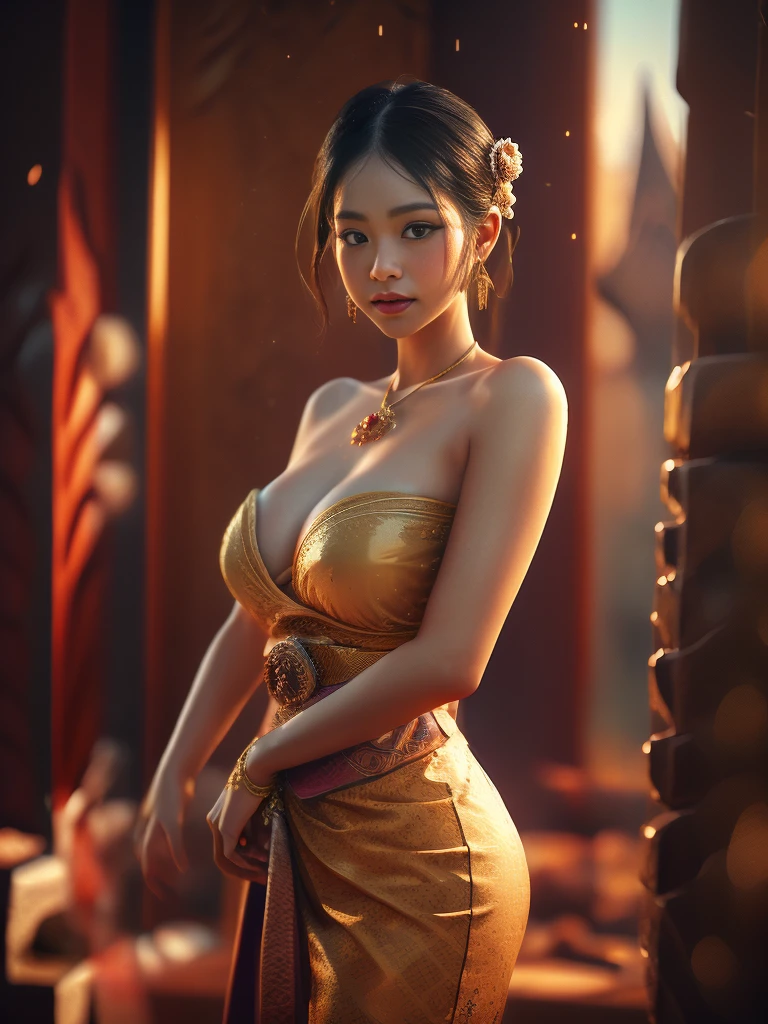 ,Thai woman, 28 years old, bigboob, big breasts, big breasts, traditional Thai pattern sarong dress, strapless, open shoulders. Thai pattern gold jewelry,long black hair,Crown,red mouth,Beautiful face,Behind the scenes of an ancient Thai temple,cinematic tone