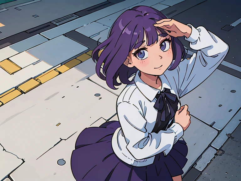 (melhor qualidade:0.8) Perfect anime illustration, Uma bela, mulher feliz com cabelo roxo longo ondulado na rua na cidade, vestindo um vestido branco com uma pose dando tchau