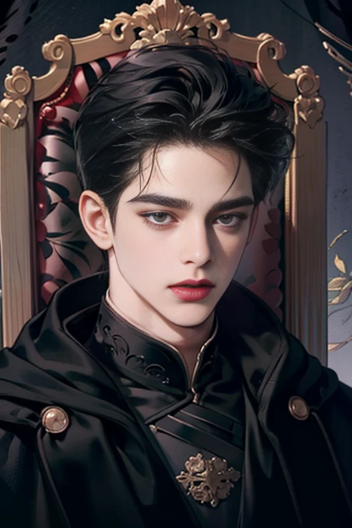 masterpiece, highest quality, detailed face, realistic, 1 man, mature men, Handsome young man, 25 years old,  closed mouth, portrait, extremely detailed face, ((dark gray eyes)), ((short right swept black hair)), [thick eyebrows], On the throne, ((Long black cloak)), ((All Black)), (dark gray eyes)