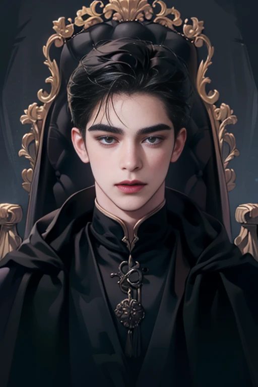 masterpiece, highest quality, detailed face, realistic, 1 man, mature men, Handsome young man, 25 years old,  closed mouth, portrait, extremely detailed face, ((dark gray eyes)), ((short right swept black hair)), [thick eyebrows], On the throne, ((Long black cloak)), ((All Black)), (dark gray eyes)