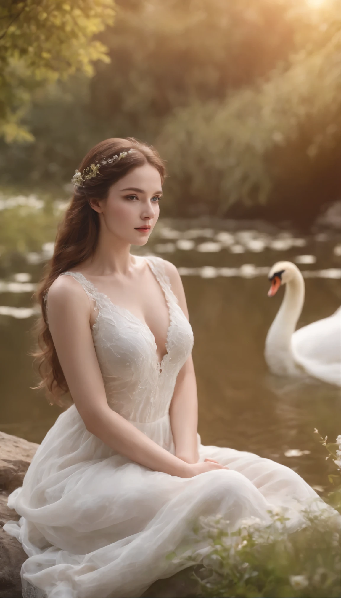 (best quality,4k,highres,masterpiece:1.2),ultra-detailed,long-haired girl,loving gaze,sitting beside a stream,beautiful flowers,white swan,peaceful environment,warm sunlight,soft shadows,gentle breeze,serene atmosphere,tranquil nature,pure beauty,harmonious colors,classical theme,classical painting style,realistic portrayal,vividly captured emotions,graceful posture,subtle expression,delicate details,impeccable anatomy,artistic nude , full body