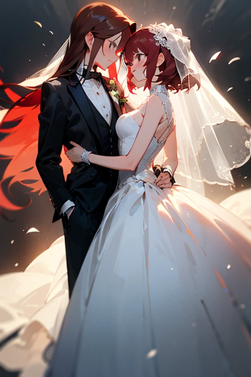 A wedding between two girls - one has a tuxedo and the other has a long dress, the one in the tuxedo has short red hair and the one with the dress has long light brown hair