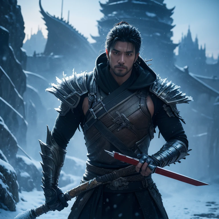 Science fiction and martial arts novels,The male protagonist is 27 years old,Excalibur in hand,Handsome,sharp eyes,Tall and mighty,Wearing a metal suit,Background cyberpunk city,CG(close look), 1 person, single focus, aldult, pale face and young adult, short black hair, actual, looking at camera, Kyoshimoyama, Summon Frost and Snow, Handsome, attractive, Slightly muscular, Cinema lighting, Unreal Engine, intricate details, main part, best quality, (((best quality))),(((Super detailed))),(((main part)))