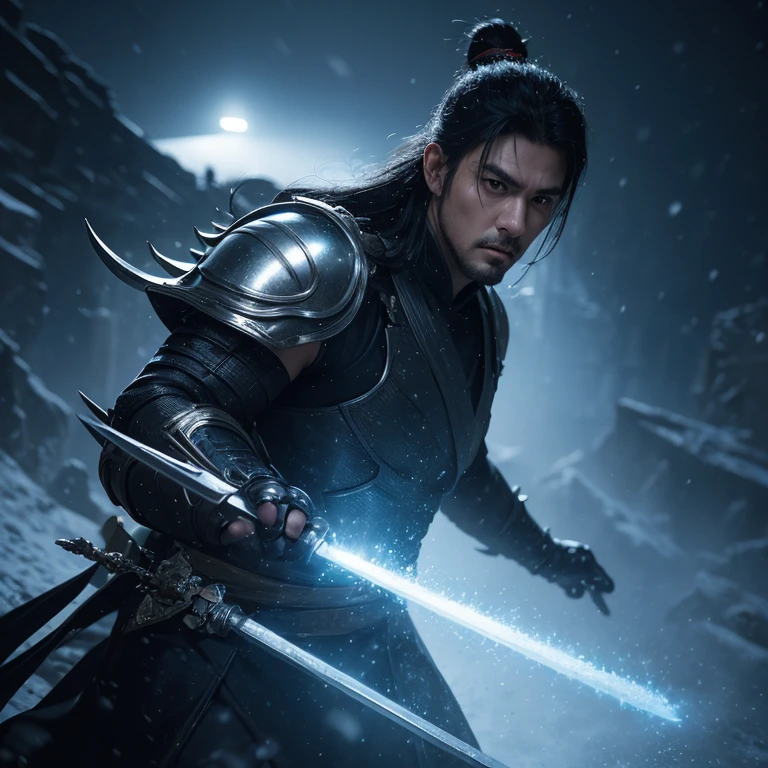 Science fiction and martial arts novels,The male protagonist is 27 years old,Excalibur in hand,Handsome,sharp eyes,Tall and mighty,Wearing a metal suit,Background cyberpunk city,CG(close look), 1 person, single focus, aldult, pale face and young adult, short black hair, actual, looking at camera, Kyoshimoyama, Summon Frost and Snow, Handsome, attractive, Slightly muscular, Cinema lighting, Unreal Engine, intricate details, main part, best quality, (((best quality))),(((Super detailed))),(((main part)))