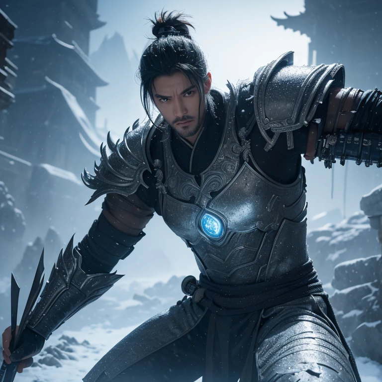 Science fiction and martial arts novels，The male protagonist is 27 years old，Excalibur in hand，Handsome，sharp eyes，Tall and mighty，Wearing a metal suit，Background cyberpunk city，CG(close look), 1 person, single focus, aldult, pale face and young adult, short black hair, actual, looking at camera, Kyoshimoyama, Summon Frost and Snow, Handsome, attractive, Slightly muscular, Cinema lighting, Unreal Engine, intricate details,  main part, best quality, (((best quality))),(((Super detailed))),(((main part)))