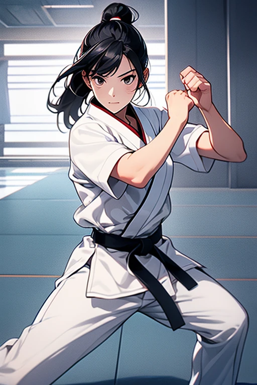 Plain clothing,Pure white karate uniform,White collar,karate stance,middle School girls,fighting girl,martial art,alone, 1 girl, looking at the viewer,three quarter sleeves,Martial arts hall,white pants,Plain white clothes,black hair,Black belt,action