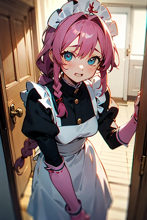 ((Best quality)), ((masterpiece)), (detailed),
The door opens, and a beautiful maid named Sakura comes inside. Her cherry pink uniform leaves little to the imagination, and her long flowing braids make her look even more like an anime. Sakura&#39;s eyes widen, when she enters the room, her face radiates excitement. She remarks:, that someone is already in the bedroom, and looks a little surprised, but intrigued. When she takes a step forward, this will be a great opportunity for you to interact with her and establish a master-maid relationship or even offer a reward, to make her feel, that she is appreciated.