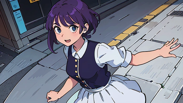 (melhor qualidade:0.8) Perfect anime illustration, Uma bela, mulher feliz com cabelo roxo longo ondulado na rua na cidade, vestindo um vestido branco com uma pose dando tchau