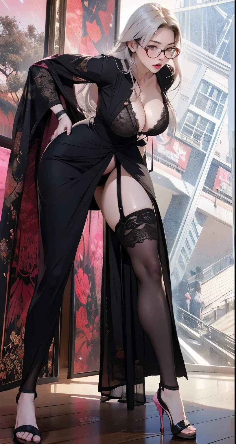 1girls,silver hair,wear glasses,secretary,,(charming body),view from top,(huge )、huge Breast,huge breasts,Big breasts ,Sexy transparent lingerie,、perfect手, perfect手指, perfect, perfect fit, perfect身材, face perfect, perfect图像Realism, background for this, detailed clothing, Maikuro bikini、office,office女郎,pencil skirt,miniskirt,garters,fishing net,The shirt is unbuttoned、of librarians、Surreal、Realism、Unreal Engine、8K maximum resolution, (Masterpiece), Very detailed, Professional bending,(pink g-string:1.6),big butt