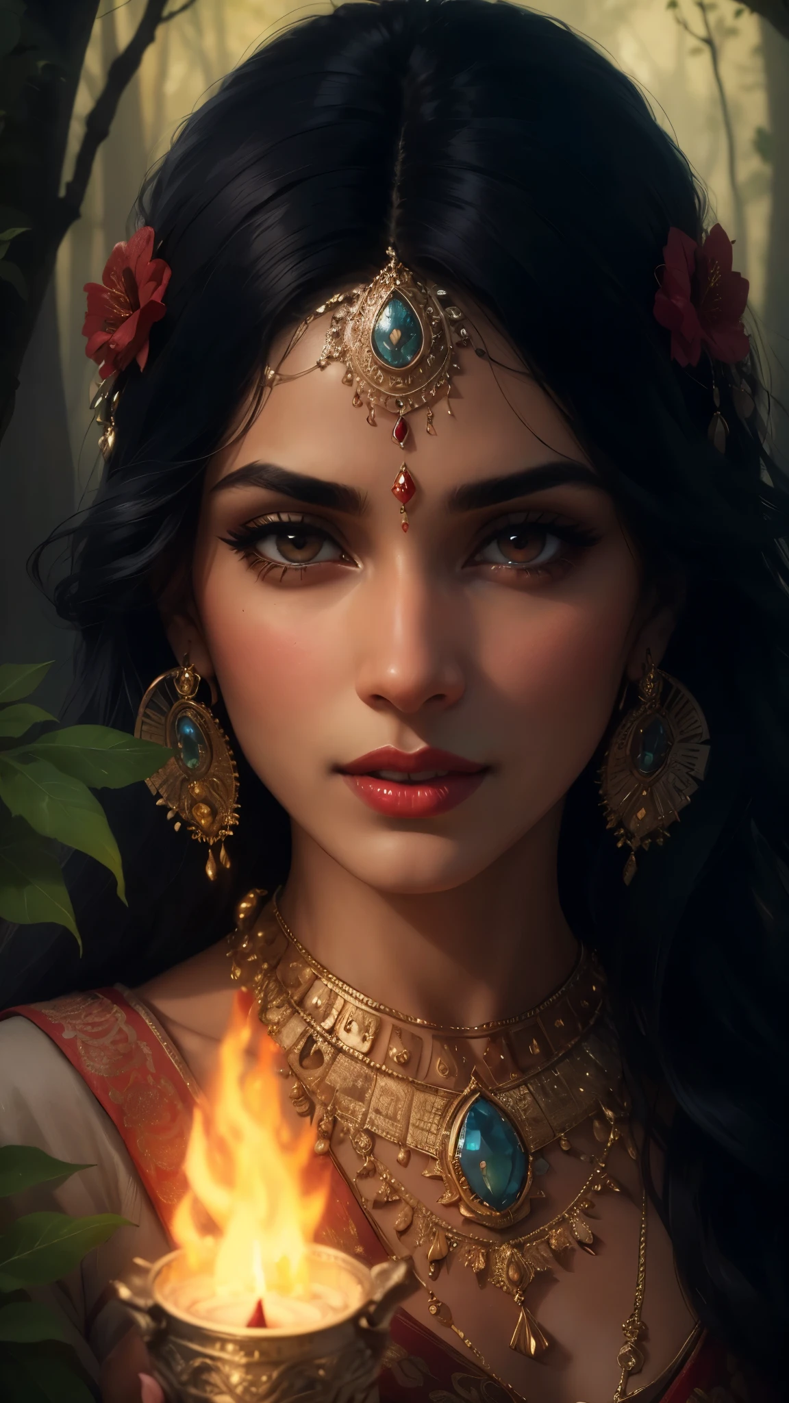 high quality, 8K Ultra HD, paintings with a Victoria Frances-like atmosphere, (holding Deepak), Detailed illustration of a fantastic beautiful woman, (beautiful face), (mature woman), (beautiful Indian woman), perfect face, perfect eyes, perfect nose, perfect lips, paintings with a mysterious touch, outdoor background, (dark forest background), (night), full moon, awesome full color, little smile, (red lips), blush on face, (blush), ((silver eyes)), ((silver hair)), (((wearing a black and white saree))), ((red bindi between the eyebrows)), cinematic blue tone, cinematic colour grading 