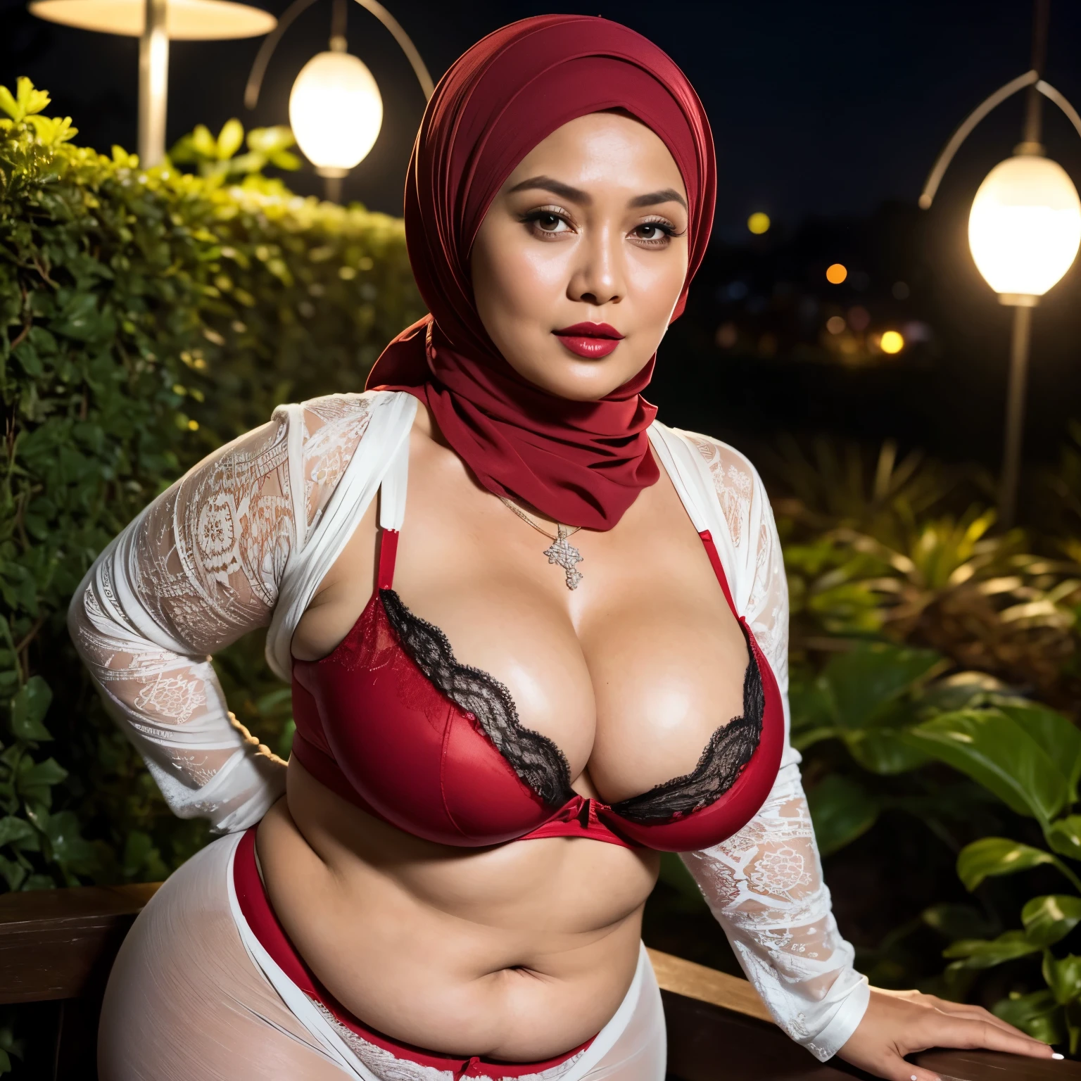 55 Years old, (Sugar Granny), Indonesian mature woman, wearing Wide Hijab, (PAWG : 1.2), (BBW : 1.2), Oily White Like Porcelain Skin, perfect mature body, (natural Massive Extra Huge breast), (Red Sensual Lipstick : 1.3), gorgeous eyes, Soft smile, wear a red lace bra and a tight legging, necklace, Alluring Face, Erotic pose, Nighttime walk, City garden, Excellent lighting, Dark colors, Clean lines