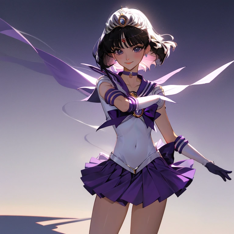 {{{{amazing quality, great quality, high quality, very aesthetic, aesthetic, best quality}}}},
realistic, photo, shadow, Three-dimensional, absurdres, Digital art, black hair, short hair, trimmed hair, shiny hair, blunt bangs, short sideburns, {{flat chest}}, {{small breasts}}, {{detailed body}}, slim thighs, thin thighs, tareme,
{{{{sailor saturn}}}}, beautiful girl, {one girl}, cute, pretty, lovely, charming, teenage, cute, pretty, lovely, charming, kawaii, {sailor senshi uniform}, purple skirt, white elbow gloves, tiara, purple sailor collar, purple choker, white gloves, jewelry, 8 years old
{{dynamic composition, , best quality, amazing quality, very aesthetic, very aesthetic, super elegant}, smile,big eyes