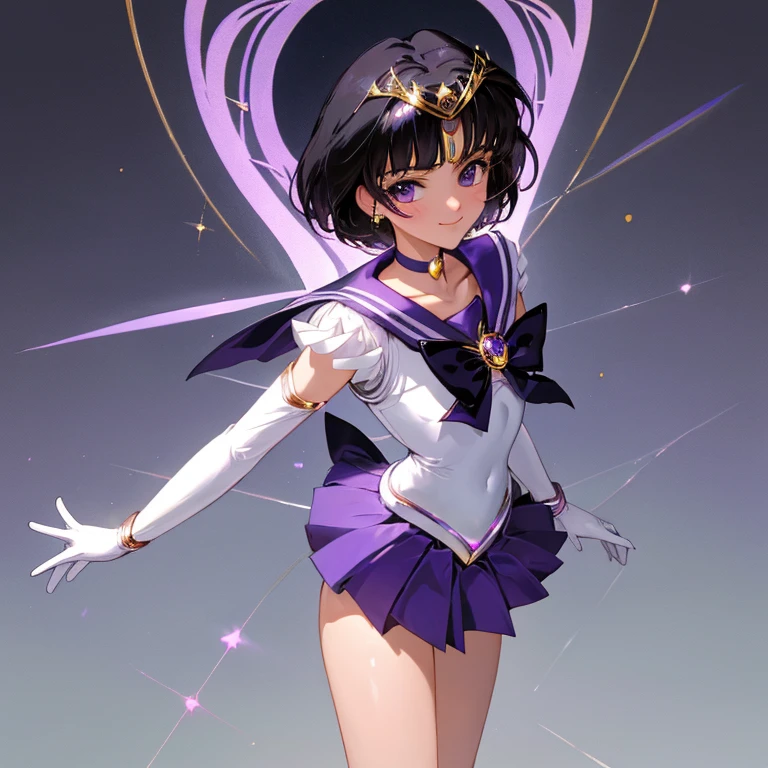 {{{{amazing quality, great quality, high quality, very aesthetic, aesthetic, best quality}}}}, 
realistic, photo, shadow, Three-dimensional, absurdres, Digital art, black hair,  short hair, trimmed hair, shiny hair, blunt bangs, short sideburns, {{flat chest}}, {{small breasts}}, {{detailed body}}, slim thighs, thin thighs, tareme, 
{{{{sailor saturn}}}}, beautiful girl, {one girl}, cute, pretty, lovely, charming, teenage,  cute, pretty, lovely, charming, kawaii, {sailor senshi uniform}, purple skirt, white elbow gloves, tiara, purple sailor collar, purple choker, white gloves, jewelry, 8 years old
{{dynamic composition, , best quality, amazing quality, very aesthetic, very aesthetic, super elegant}, smile,big eyes