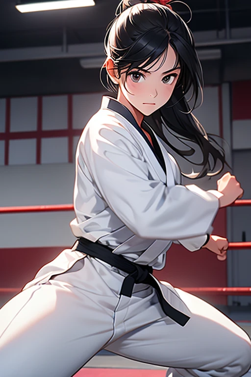 Plain clothing,Pure white karate uniform,White collar,karate stance,middle School girls,fighting girl,martial art,alone, 1 girl, looking at the viewer,white long sleeve,Martial arts hall,white pants,Plain white clothes,black hair,Black belt,action