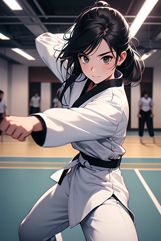 Plain clothing,Pure white karate uniform,White collar,karate stance,middle School girls,fighting girl,martial art,alone, 1 girl, looking at the viewer,white long sleeve,Martial arts hall,white pants,Plain white clothes,black hair,Black belt,action