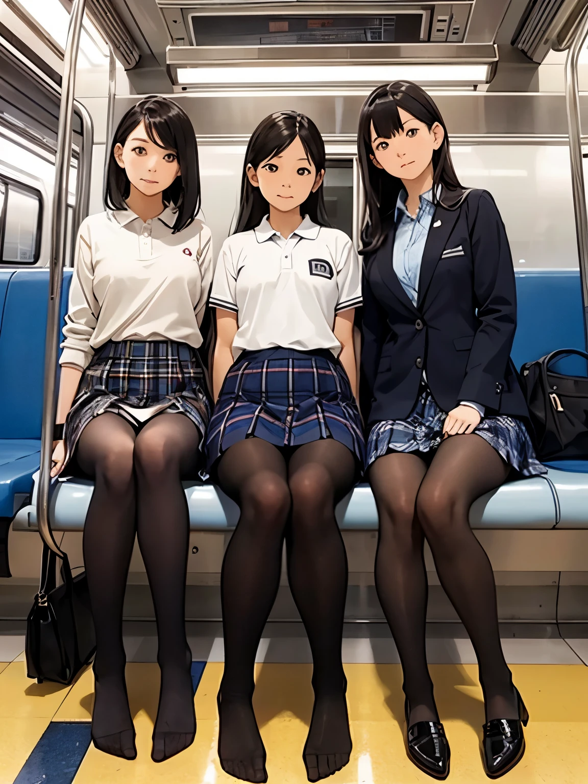 show entire body, feet in view, 3 female Japanese students, plaid skirts, polo shirts, school jackets, pantyhose, crowded subway car