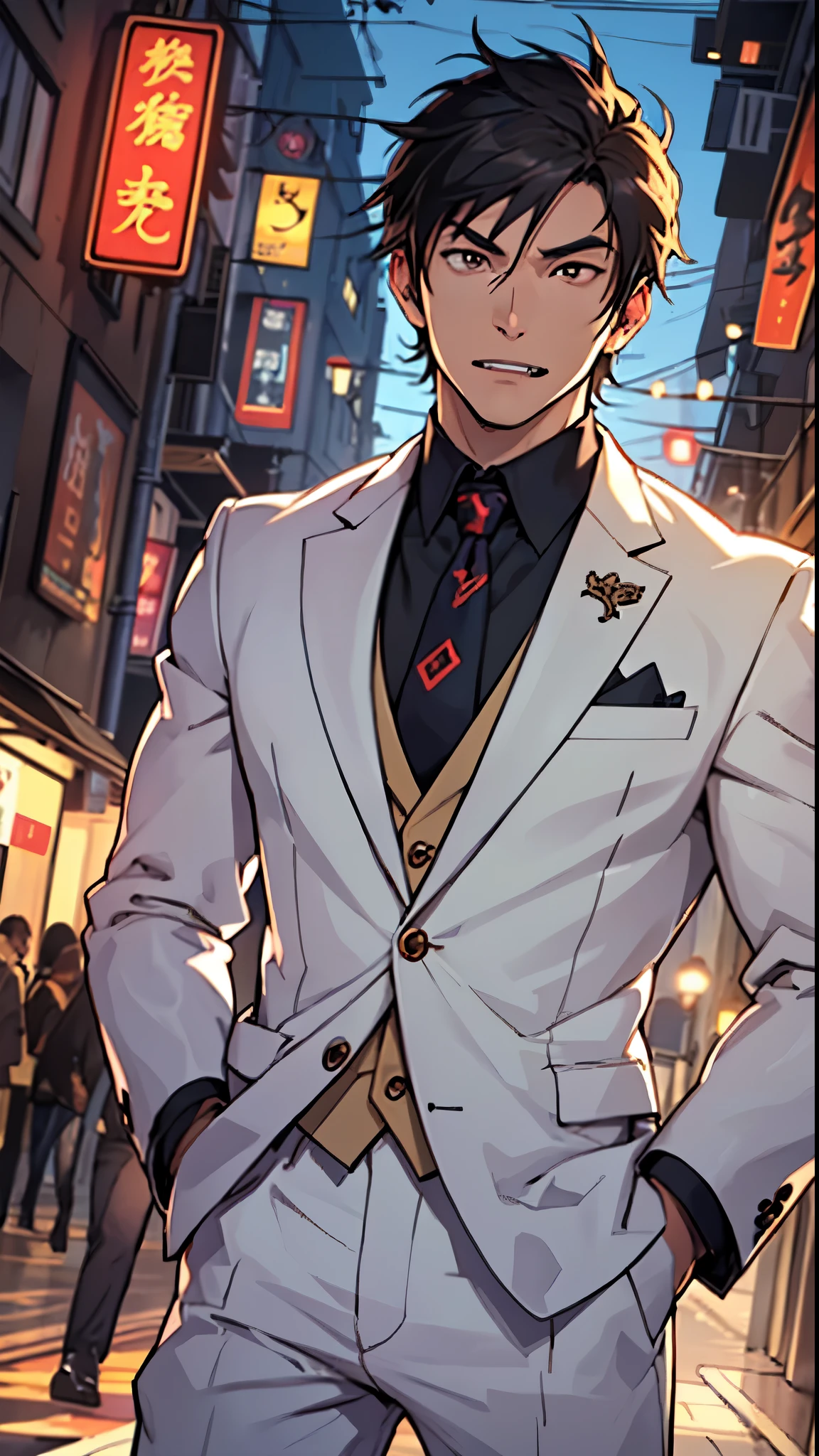 (anime) 1 boy, john foo is a vampire, wearing a stylish (white suit and tie), brown eyes, fangs, glowing eyes