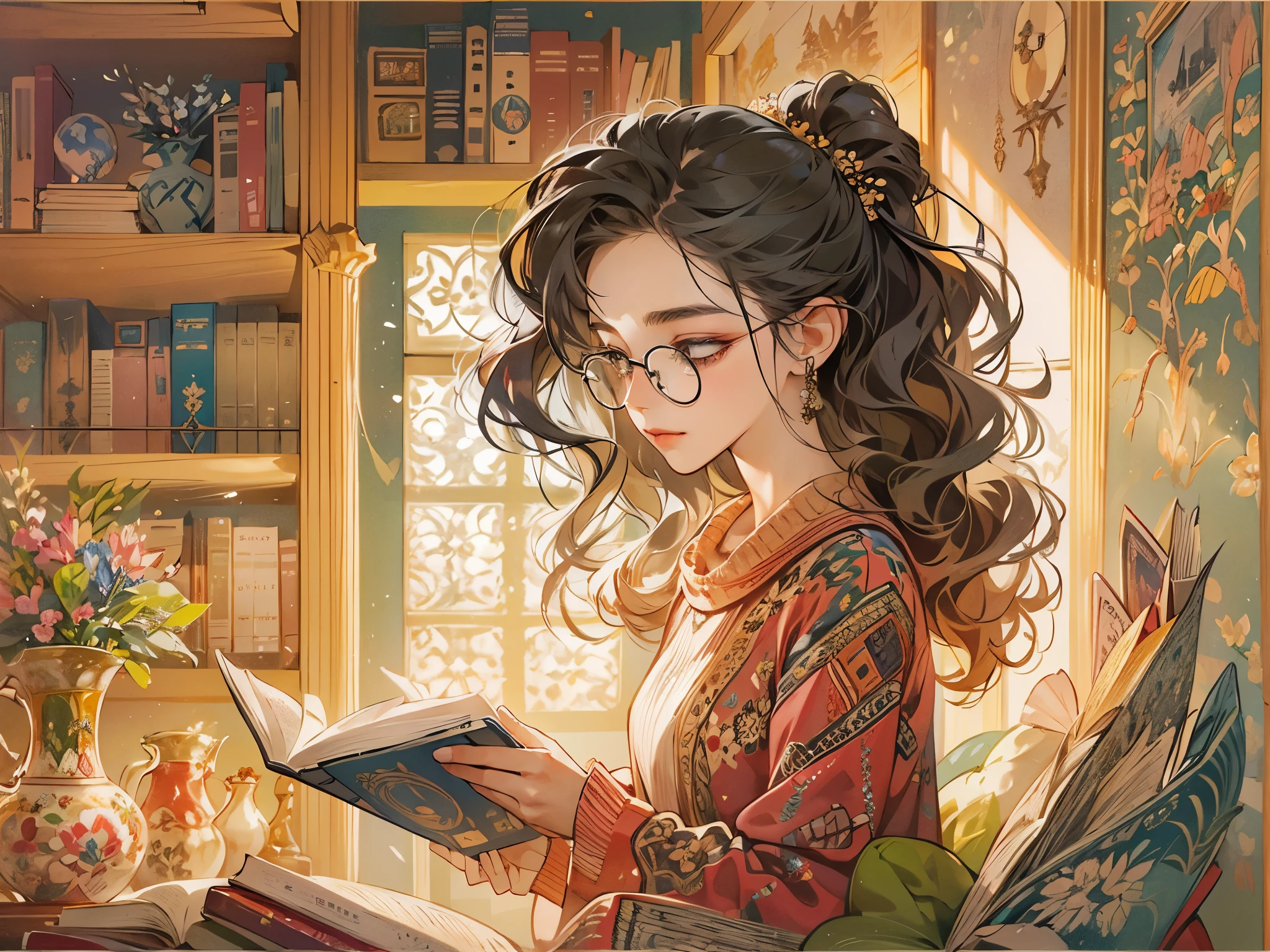 (a beautiful girl:1.2),bookworm,reading a book,content expression,shiny eyes,curly hair,wearing glasses,pale skin,peaceful atmosphere,sitting on a cozy armchair,bookshelves with neatly arranged books,soft natural lighting,subtle shadows,quiet and focused environment,traditional library,bookmarks,book pages turning,relaxing background music,hands holding the book carefully,leaning forward with interest,immersing herself in the story,gentle breeze coming from an open window,soft winter sunlight streaming through the window,creating a warm and cozy ambiance,vibrant colors,paper textures,illustration style,crisp details,meticulously hand-drawn images。