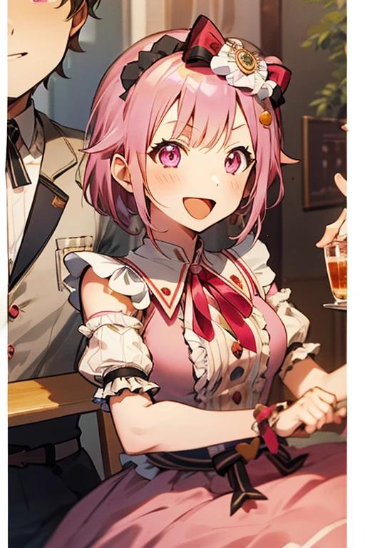 emusu, 1 girl pink hair solo pink eyes, tsukasa3rd, nenekusanagi, red ribbon, neck collar, gently smiling, open mouth, happy, medium sized breasts, 2girls, 1boy, at a cafe, maid dress, frills, cute