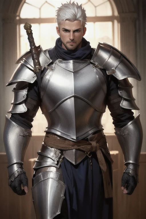 ((best quality)), ((masterpiece)), (detailed),High quality, Ultra detailed, best quality, insanely detailed, beautiful, masterpiece, Male, large, tanned skin, silver hair, bery short hair, full plate armor, mercenary, 40s,muscular