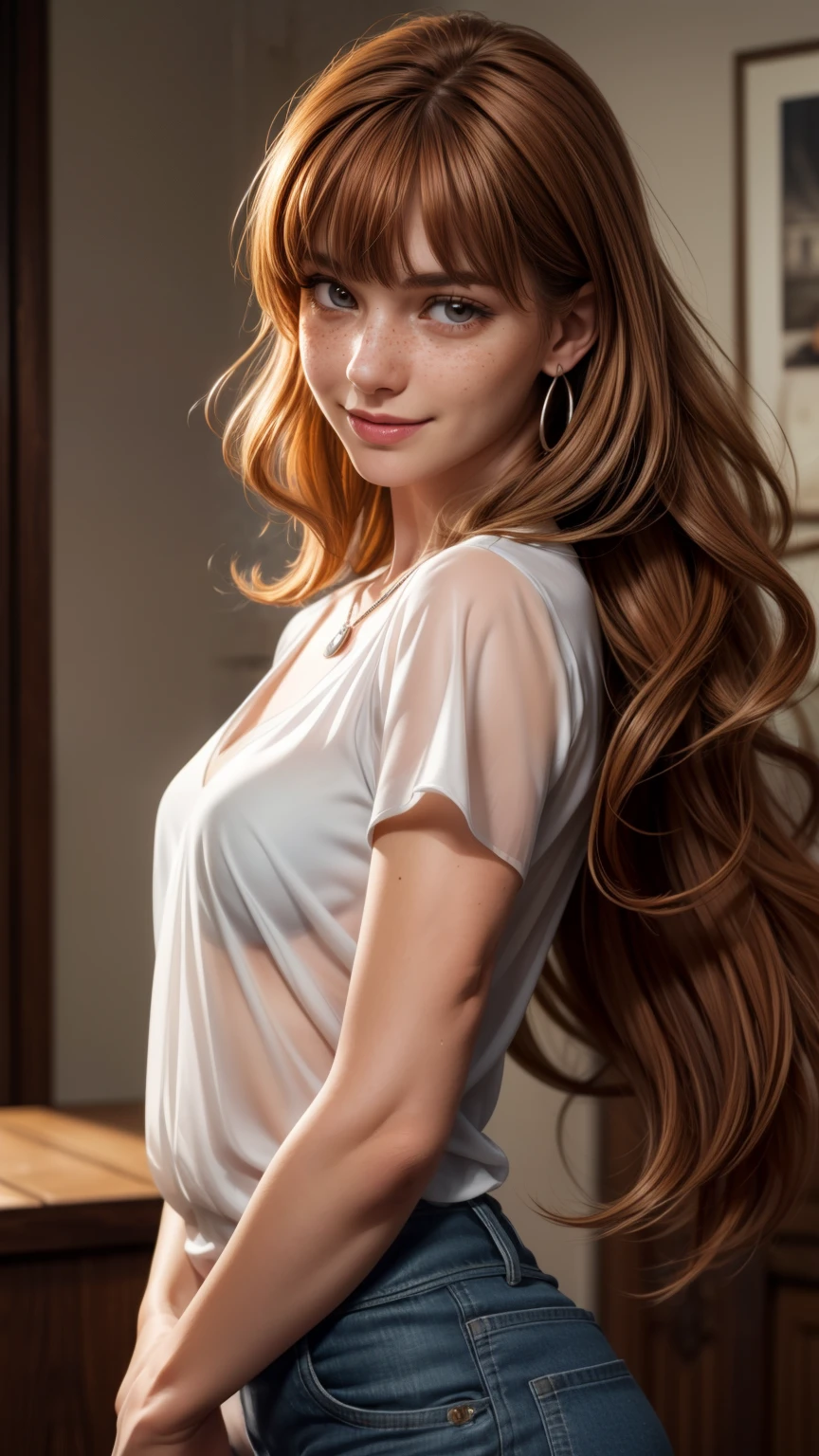 (8k, RAW photo, highest quality),(epic realistic:1.5), a girl, dynamic posture,erotic face, smile, see through blouse,(detailed eyes:0.8), long dark eyelashes, (looking at the camera:1.4), small breasts, (highest quality), (cowboy shot), (best shadow),intricate details,cinematic,((skin:1.4)),interior, (long flowing ginger hair:1.3),dark studio,(hdr:1.5),detailed, muted colors, freckles, silver necklace, silver earring, long flowing wavy hair, smooth hair, hair down, hair side bangs