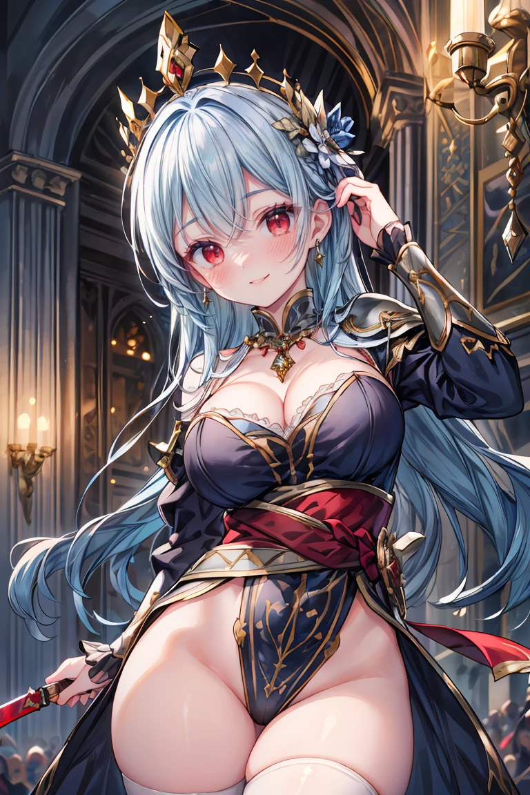 ((8K masterpiece,highest quality)), ultra high resolution, hyper detail, (1 girl), beautiful face, beautiful and delicate eyes,((red eyes)),Big eyes,shining eyes of light,Thin and long eyelashes,detailed light,((blue hair)),((long hair)),((straight hair)),big breasts,(very large thighs),thin waist,blush,(grinning smile),troubled face,(please open your mouth wide),(royal swordsman),(((Hold Sword))),silver holy armor,sacred belt around the waist,sapphire crown,gold necklace,sapphire earrings,silver hair ornament,white knee socks,scattered treasures,ambition,(royal family of darkness),(Inside the castle),action pose,motion blur,Depth of written boundary,spectacular panoramic view,angle from below