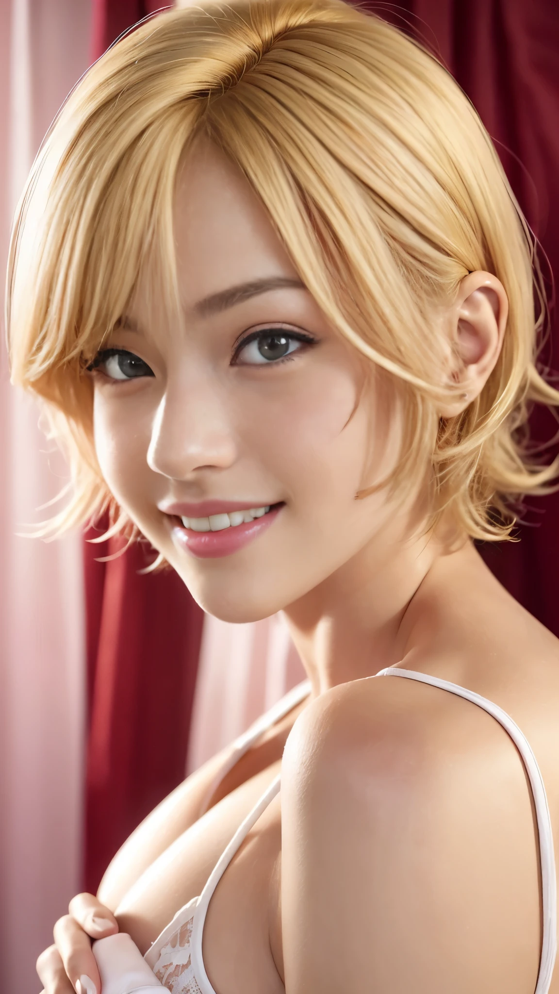 (A very cute 20 year old young woman from Japan), ((bright blonde delicate hair)), ((messy side wave short hair)),(((Slender and slender body type))),medium bust size、small breasts、 (((Clean hands))),(curly hair),(((very kind smile))),
