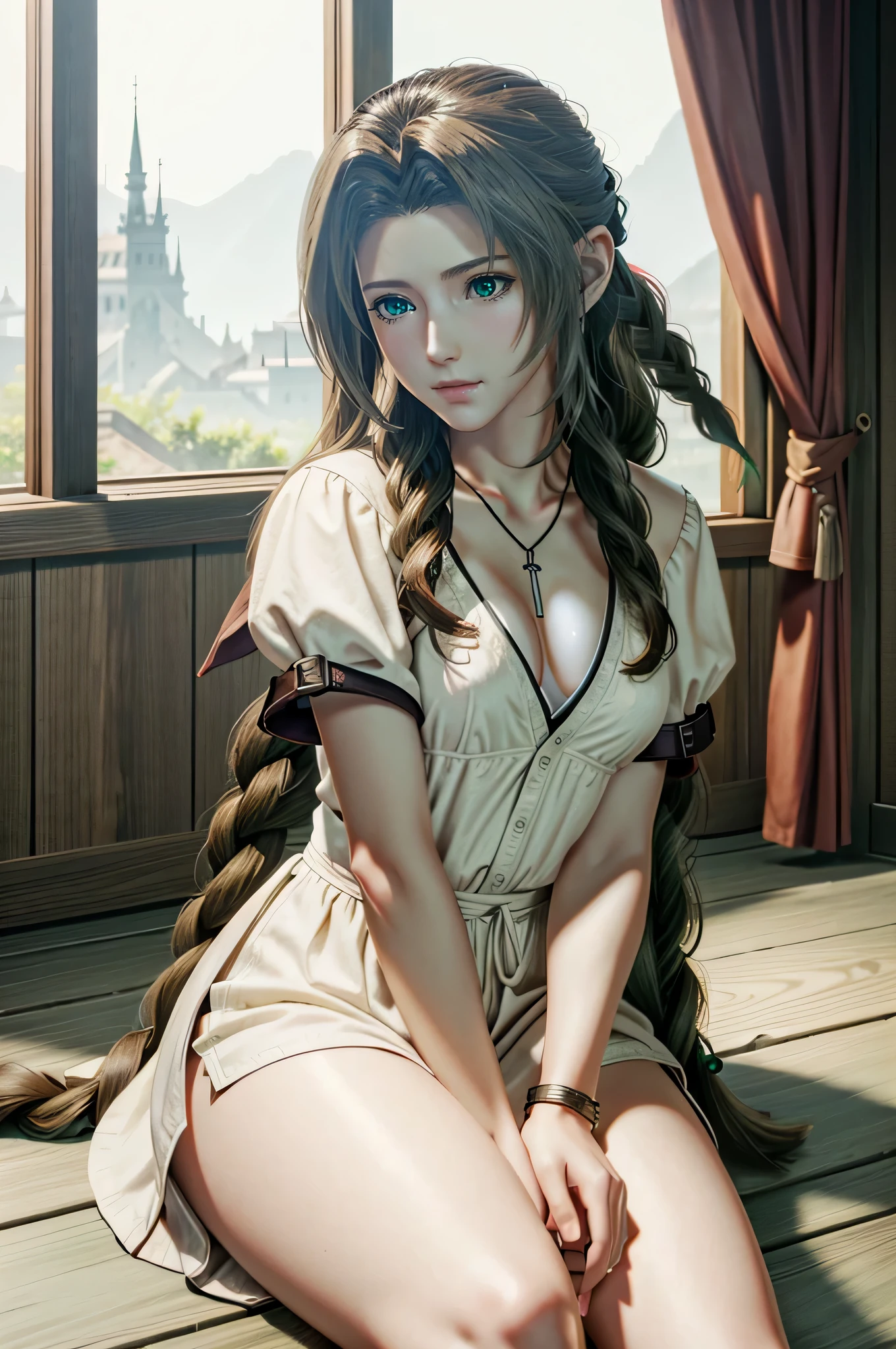 ((ultra detailed, masterpiece, best quality)) FF7Aerith, 1girl, solo, single braid, green eyes, brown hair,